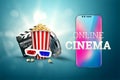 Online movies, cinemas, an image of popcorn, 3d glasses, a movie film and a blackboard on a blue background. The concept of a Royalty Free Stock Photo