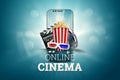 Online movies, cinemas, an image of popcorn, 3d glasses, a movie film and a blackboard on a blue background. The concept of a Royalty Free Stock Photo