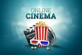 Online movies, cinemas, an image of popcorn, 3d glasses, a movie film and a blackboard on a blue background. The concept of a Royalty Free Stock Photo