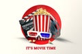 Online movies, cinemas, an image of popcorn, 3d glasses, a movie film and a blackboard on a light background. The concept of a Royalty Free Stock Photo