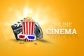 Online movies, cinemas, an image of popcorn, 3d glasses, a movie film and a blackboard on a yellow background. The concept of a