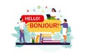 Online multi language translator. People using online translation app. Vector illustration. Isolated flat