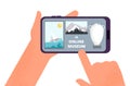 Online museum. Hands holding smartphone with tour of exhibition of paintings on Internet. Free art gallery app or guide