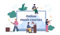 Online music courses website template, flat cartoon vector illustration. Royalty Free Stock Photo