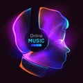 Online music play. Outline vector illustration of human silhouette with wireless headphones in 3d line art style on neon abstract
