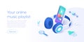 Online music playlist concept in isometric vector illustration. Smartphone streaming audio player app and headphones playing mp3.