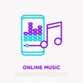 Online music thin line icon: smartphone with equalizer. Modern vector illustration