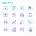 Online music thin line icons set