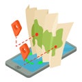 Online navigation icon isometric vector. Smartphone with geolocation app and map