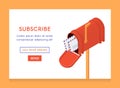 Online newsletter template. Email subscribe form, submit button and open isometric mailbox with envelopes