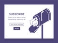 Online newsletter template. Email subscribe form, submit button and open isometric mailbox with envelopes