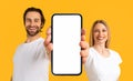 Online Offer. Happy Man And Woman Holding In Hand Huge Blank Smartphone Royalty Free Stock Photo