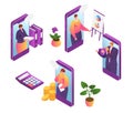 Online office technology, business management in internet vector illustration. Businessman communication financial app