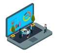 Online office. Vector isometric laptop and businesspeople. Business meeting concept