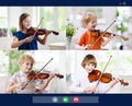 Online orchestra rehearsal. Kids play violin