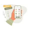 Online order concept. Female hand with online shopping application on phone screen. Character buying vegetables from online shop Royalty Free Stock Photo