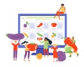 Online order of fresh vegetables on the grocery store website. Male and female characters are shopping via web. Selling products