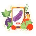 Online order of fresh vegetables on the website of the grocery store. Woman buys products using a mobile app on her smartphone.