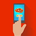 Online order pizza. Hand holding smartphone with pizza on the screen. Order fast food concept. Flat vector Royalty Free Stock Photo