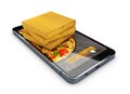 Online order pizza. Smartphone with pizza on the screen and box of pizza. 3d illustration. Royalty Free Stock Photo