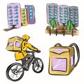 Online orders in stores. Home delivery. Couriers, courier delivery. Shopping, trade, cyclist, city. Isolated vector