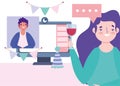 Online party, birthday or meeting friends, celebrate couple computer with glass of wine
