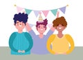 Online party, birthday or meeting friends, happy group men with hat and pennants celebraton Royalty Free Stock Photo