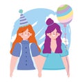 Online party, birthday or meeting friends, two girls with hat balloon decoration celebration Royalty Free Stock Photo