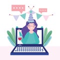 Online party, birthday or meeting friends, woman video laptop celebration with wine cup