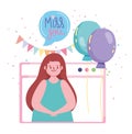 Online party, cartoon woman miss you balloons celebration internet