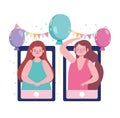 Online party, connected girls with phones and balloons pennants decoration Royalty Free Stock Photo