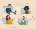 Online party. Friends drink wine, have fun in video chat. People in quarantine celebrate important events and holidays remotely