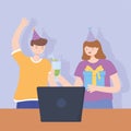 Online party, girl with cocktail gift and boy with laptop celebration Royalty Free Stock Photo