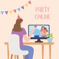 Online party, girl connected with friends celebraton by internet Royalty Free Stock Photo