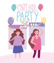 Online party, girls celebration balloons decoration festive Royalty Free Stock Photo