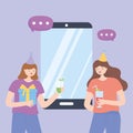 Online party, girls with drinks hat and smartphone celebrating