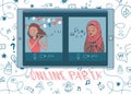 Online party with kid playing flute and girl in hijab singing a song.