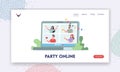 Online Party Landing Page Template. Virtual Birthday, Friend Characters Clink Glasses with Alcohol from Computer Monitor