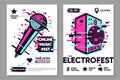 Online party vector banner. Posters set with microphone and audio system. Event show background, electronic style