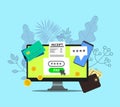 Online payment on computer vector illustration, flat cartoon big pay bill tax via credit card and laptop pc concept