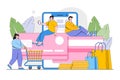 Online payment concept. Man and woman with smartphone makes online shopping sitting on a big credit card. Outline design style