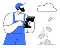 Man in Overalls Using Tablet with Coins Falling from Cloud Online Payment and Digital Earnings Concept Royalty Free Stock Photo