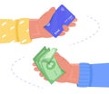 Online payment, exchange concept. Human hands hold plastic card and dollar money. Money transfer. Vector flat