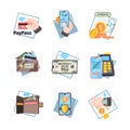 Online payment icons. Nfc innovative mobile transaction internet banking cards money vector concept flat pictures Royalty Free Stock Photo