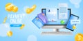 Online payment, internet bill, vector digital tax landing page background, computer, coins, card.