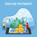 Online payment, internet money tansfer. Man buyer, smartphone, stacks coins, isometric. Concept mobile Ecommerce Royalty Free Stock Photo