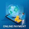 Online payment, internet money tansfer. Man buyer, smartphone, stacks coins, planet Earth isometric. Concept mobile Royalty Free Stock Photo