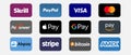 Online payment methods button set, company logos : Visa, Mastercard, Paypal, American Express, Bitcoin, Amazon Pay, Apple Pay, Royalty Free Stock Photo