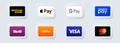 Online payment methods icons set, company logos: Apple Pay Google Pat Mastercard Visa Samsung Amazon Skrill Payoneer.