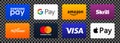 Online payment methods icons set, company logos: Apple Pay, Google Pat, Mastercard, Visa, Samsung, Amazon, Skrill, Payoneer.